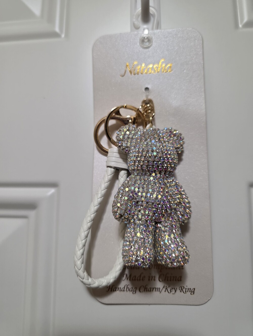 Viral Natasha Sparkling Rhinestones Bear Bag Charm/Key Ring with White Strap - Picture 6 of 6